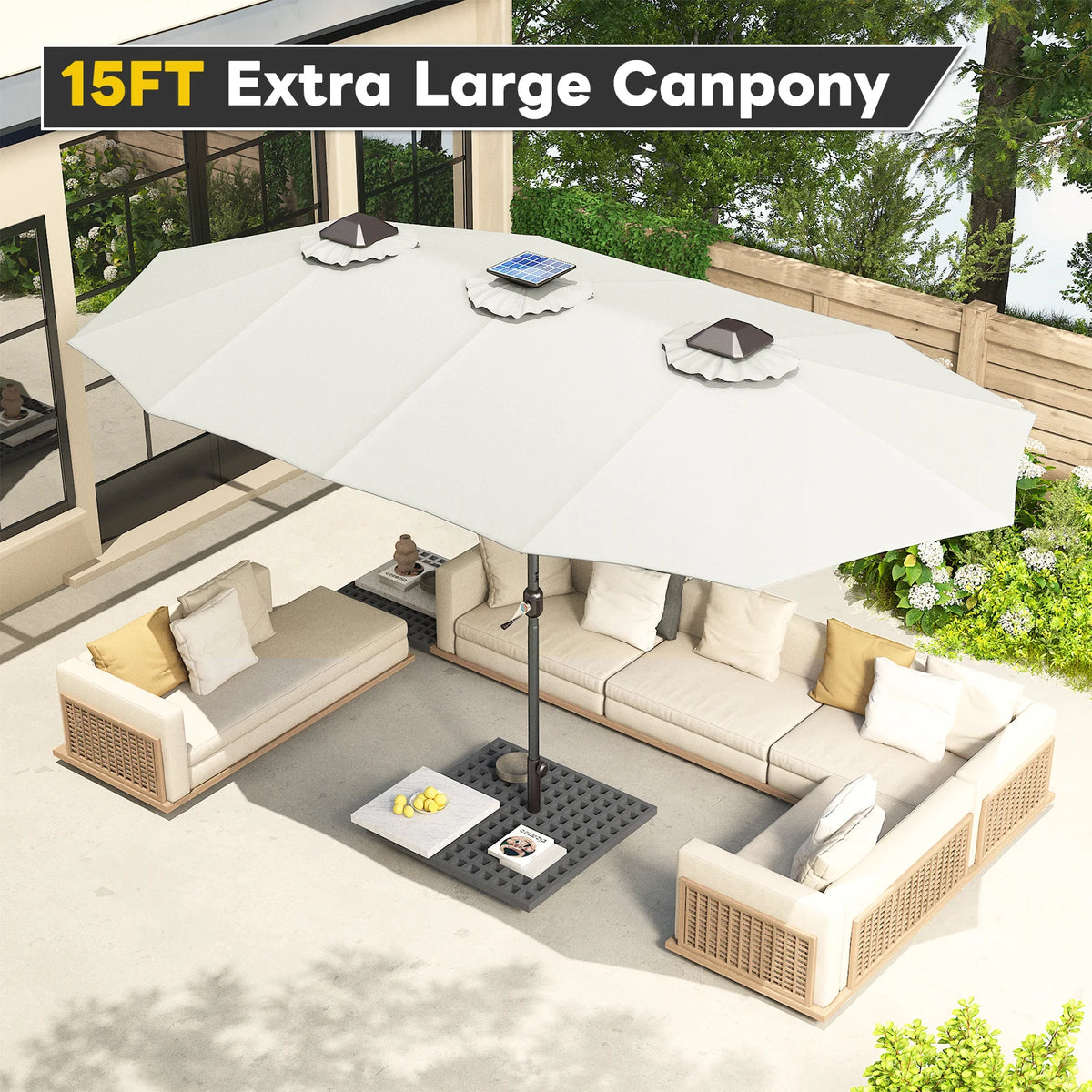 AECOJOY 15ft Patio Double-Sided Umbrella, 156 PCS Solar LED Light Outdoor Large Umbrella, Ivory - Product image 5