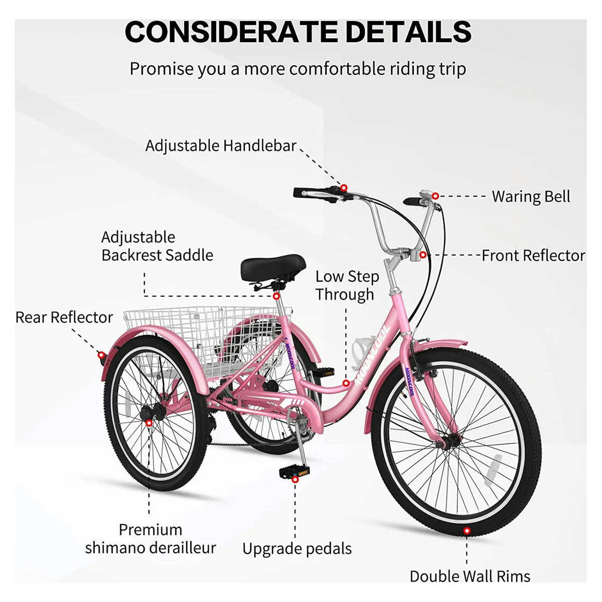 MOONCOOL Adult Tricycles with Rear Basket & Inflator, 24 26 in 7 Speed 3 Wheel Bikes, Three - Wheeled Bicycles Adult Trike with Backrest for Seniors, Women, Men