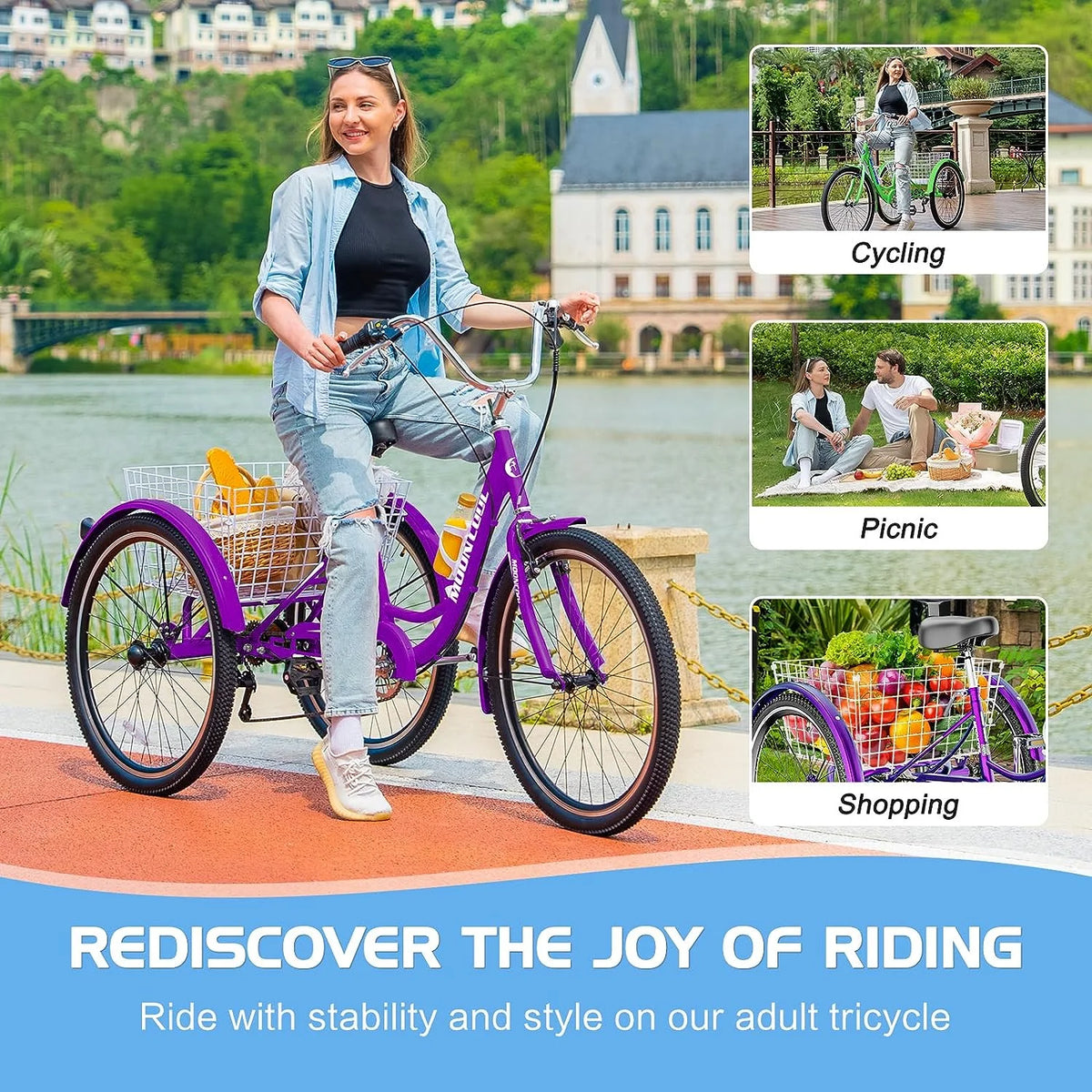 MOONCOOL Adult Tricycles with Rear Basket & Inflator, 24 26 in 7 Speed 3 Wheel Bikes, Three - Wheeled Bicycles Adult Trike with Backrest for Seniors, Women, Men