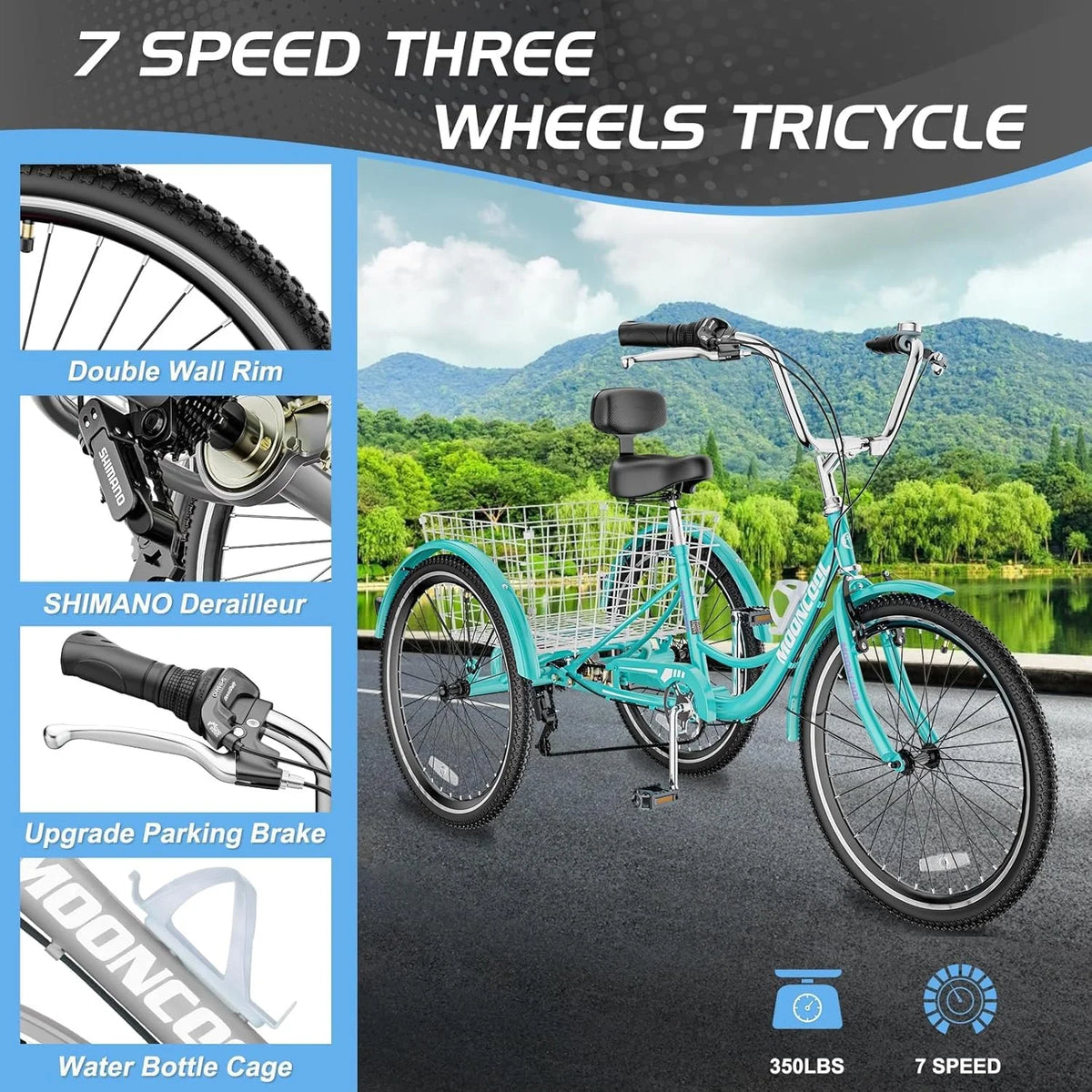 MOONCOOL Adult Tricycles with Rear Basket & Inflator, 24 26 in 7 Speed 3 Wheel Bikes, Three - Wheeled Bicycles Adult Trike with Backrest for Seniors, Women, Men