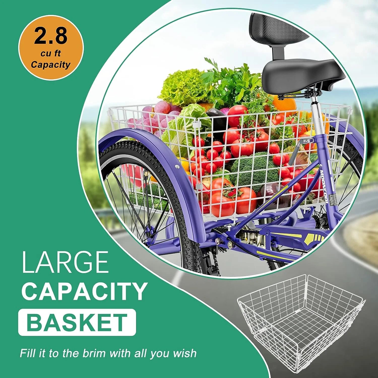 MOONCOOL Adult Tricycles with Rear Basket & Inflator, 24 26 in 7 Speed 3 Wheel Bikes, Three - Wheeled Bicycles Adult Trike with Backrest for Seniors, Women, Men