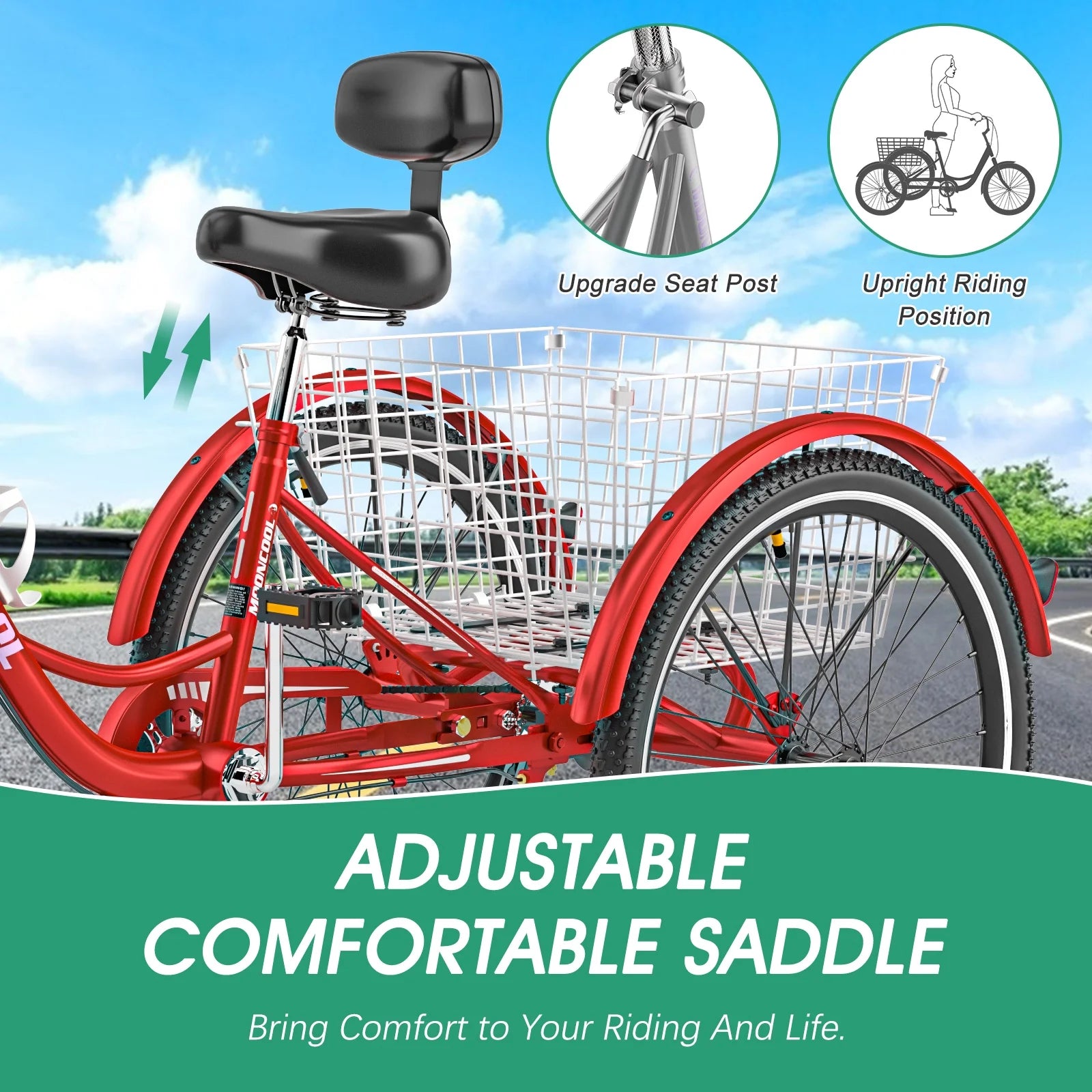 MOONCOOL Adult Tricycles with Rear Basket & Inflator, 24 26 in 7 Speed 3 Wheel Bikes, Three - Wheeled Bicycles Adult Trike with Backrest for Seniors, Women, Men
