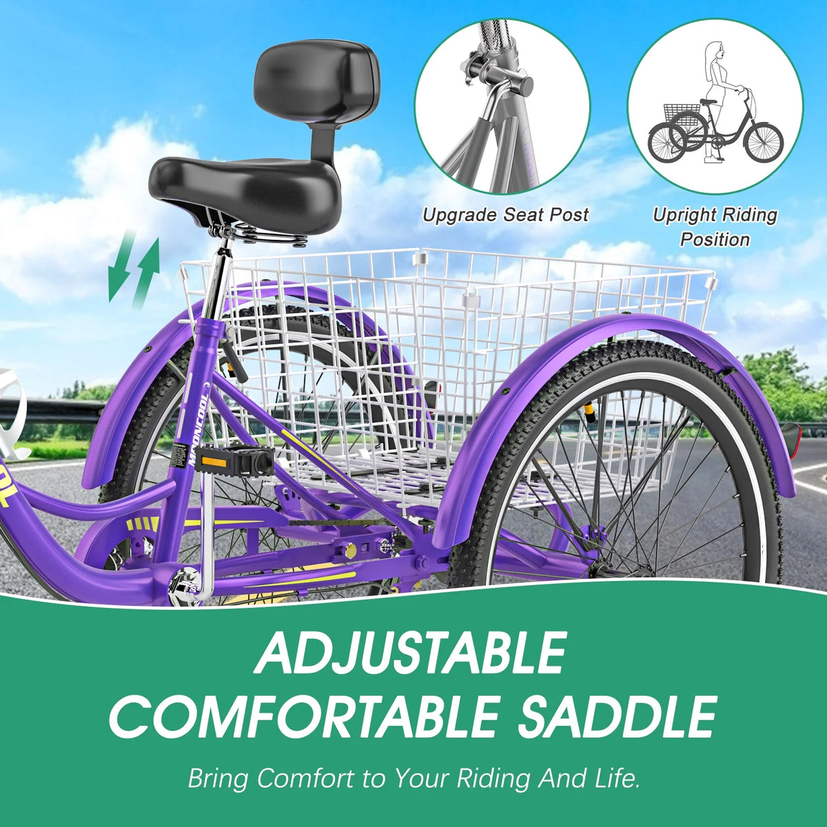 MOONCOOL Adult Tricycles with Rear Basket & Inflator, 24 26 in 7 Speed 3 Wheel Bikes, Three - Wheeled Bicycles Adult Trike with Backrest for Seniors, Women, Men