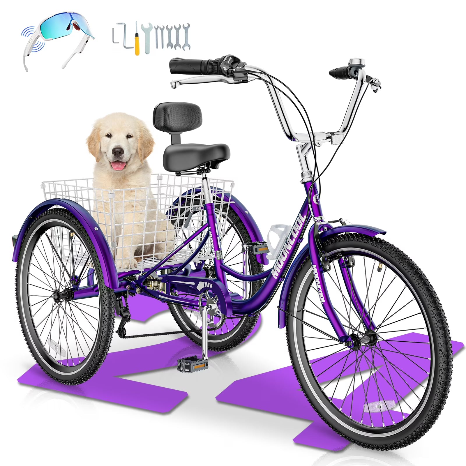 MOONCOOL Adult Tricycles with Rear Basket & Inflator, 24 26 in 7 Speed 3 Wheel Bikes, Three - Wheeled Bicycles Adult Trike with Backrest for Seniors, Women, Men