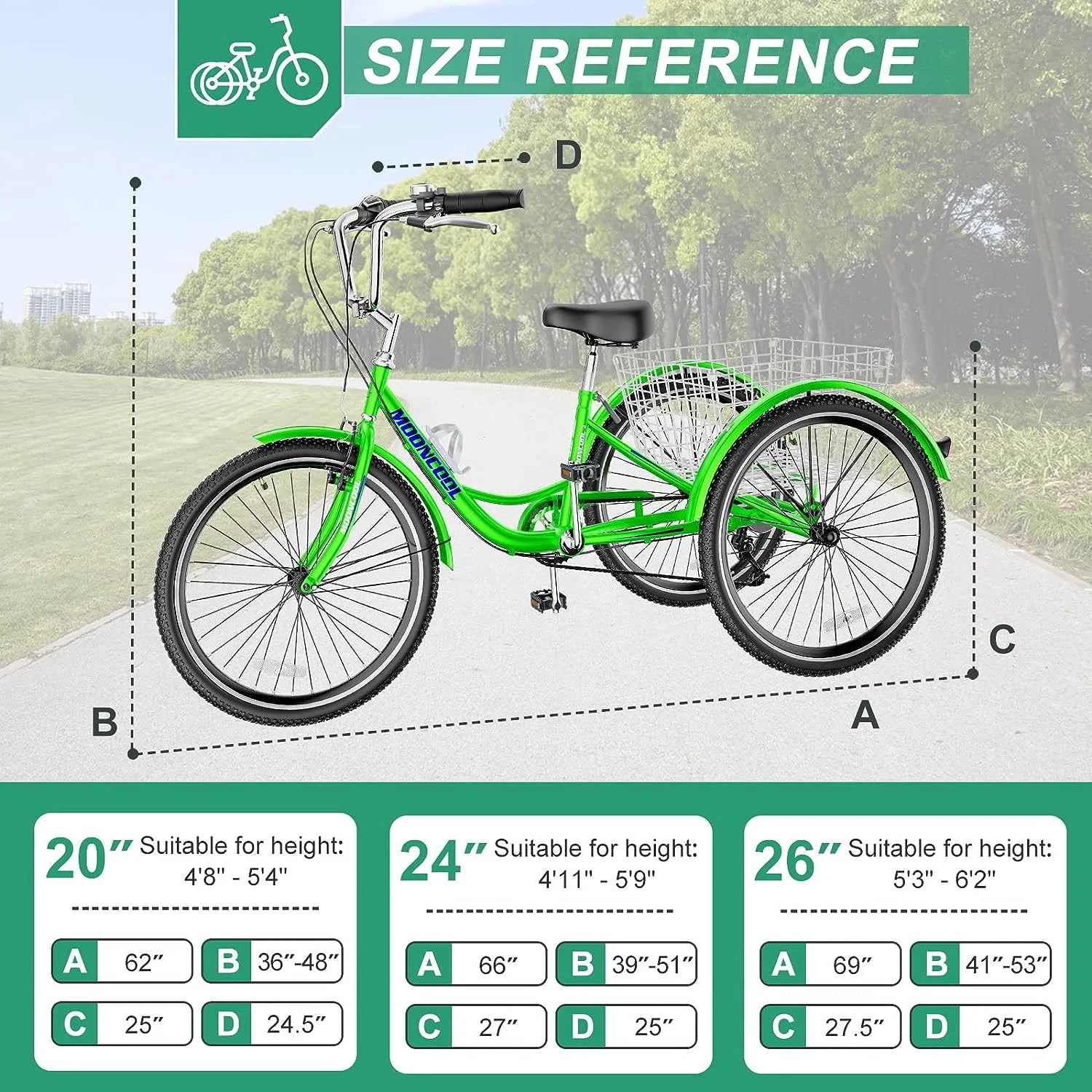 MOONCOOL Adult Tricycles with Rear Basket & Inflator, 24 26 in 7 Speed 3 Wheel Bikes, Three - Wheeled Bicycles Adult Trike with Backrest for Seniors, Women, Men