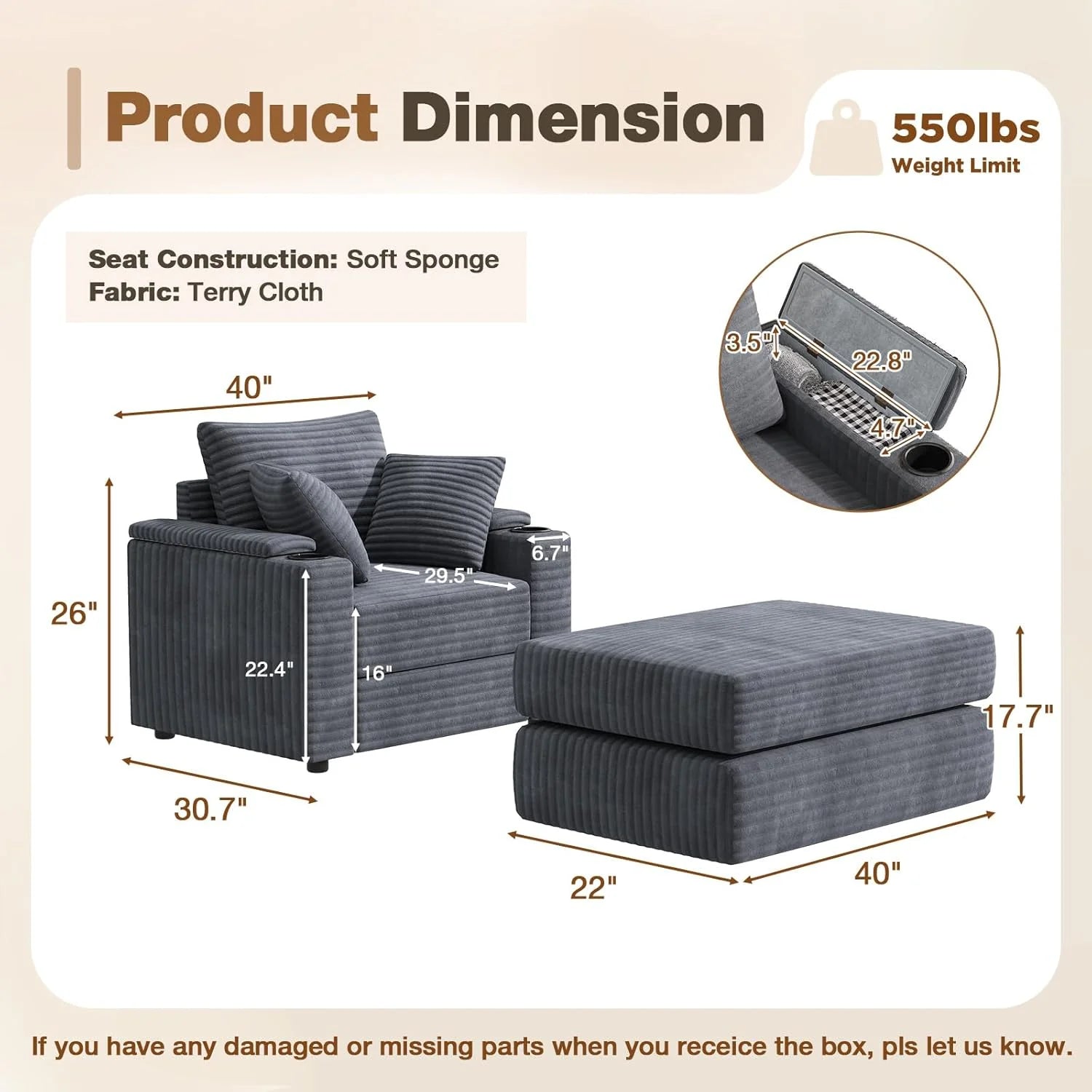 AECOJOY Chaise Lounge Chair Indoor, Oversized Sleeper Chair with Ottoman, Comfy Reading Sofa Armchair