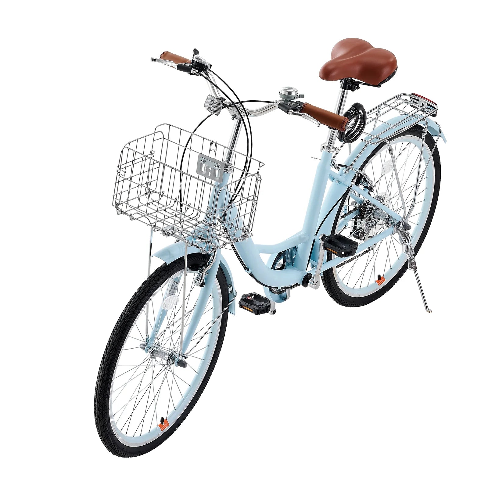 KFFKFF 24" Cruiser Bike, 7 - Speed, Sky Blue Coastal Cycle with Spacious Basket and Back Stand, Reliable & Robust Leisure Bicycle with Modifiable Saddle