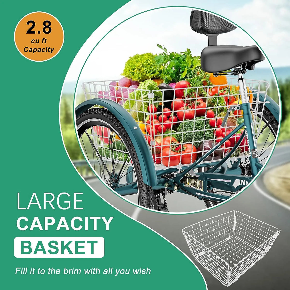 MOONCOOL Adult Tricycles with Rear Basket & Inflator, 24 26 in 7 Speed 3 Wheel Bikes, Three - Wheeled Bicycles Adult Trike with Backrest for Seniors, Women, Men
