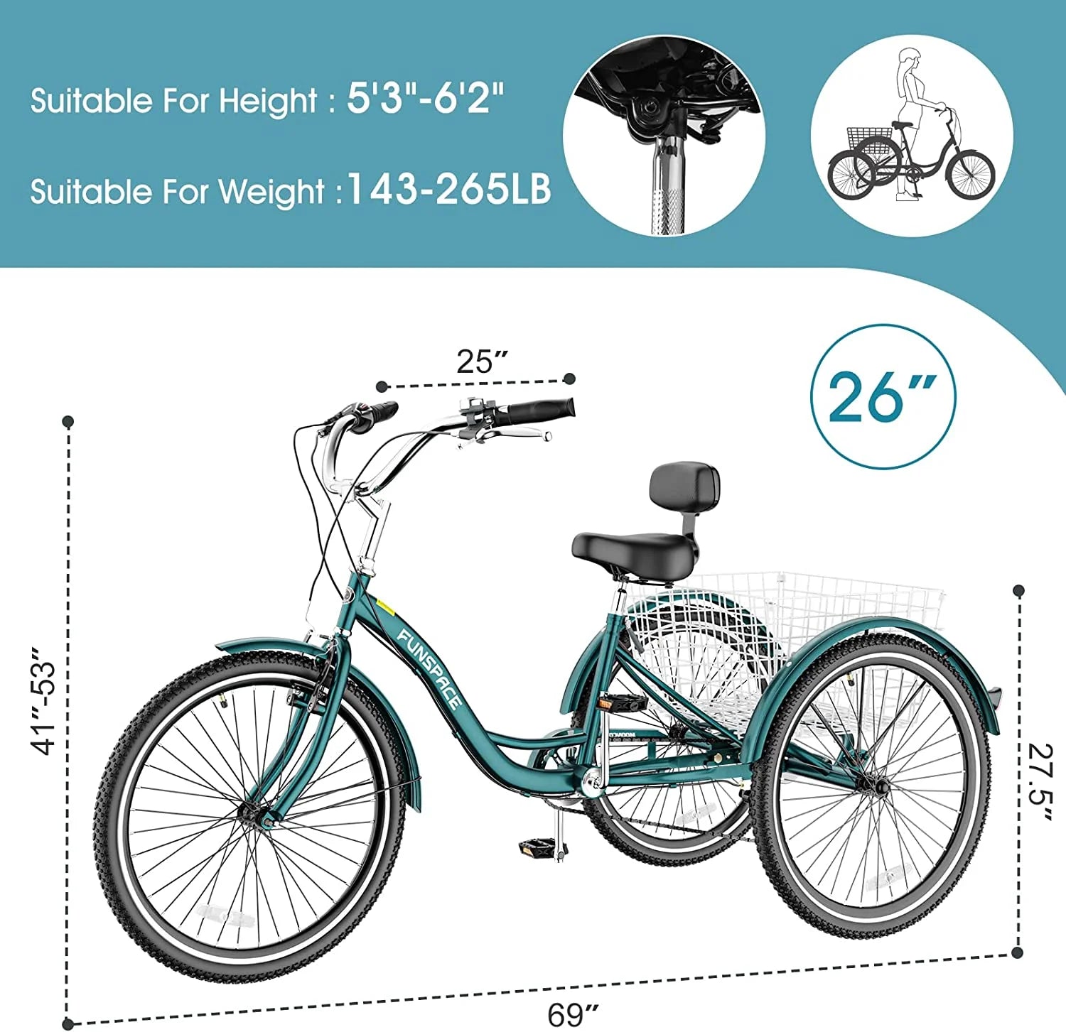 MOONCOOL Adult Tricycles with Rear Basket & Inflator, 24 26 in 7 Speed 3 Wheel Bikes, Three - Wheeled Bicycles Adult Trike with Backrest for Seniors, Women, Men