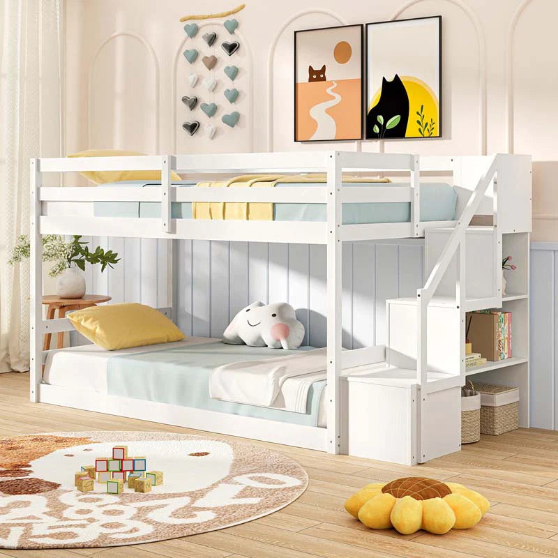 Twin Over Twin Bunk Bed with Storage Stairs, Solid Wood Floor Bunk Bed with Full-Length Guardrails - Product image 1