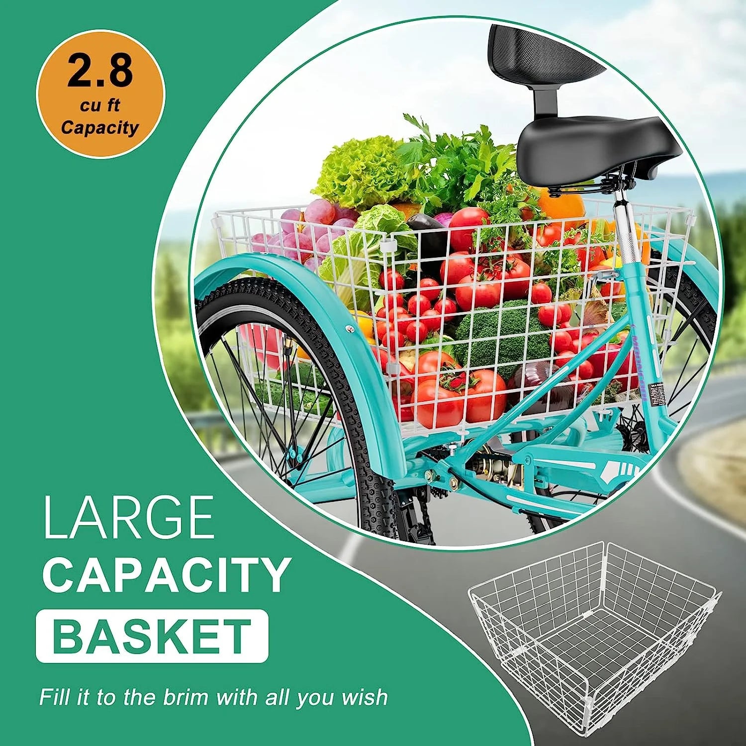 MOONCOOL Adult Tricycles with Rear Basket & Inflator, 24 26 in 7 Speed 3 Wheel Bikes, Three - Wheeled Bicycles Adult Trike with Backrest for Seniors, Women, Men