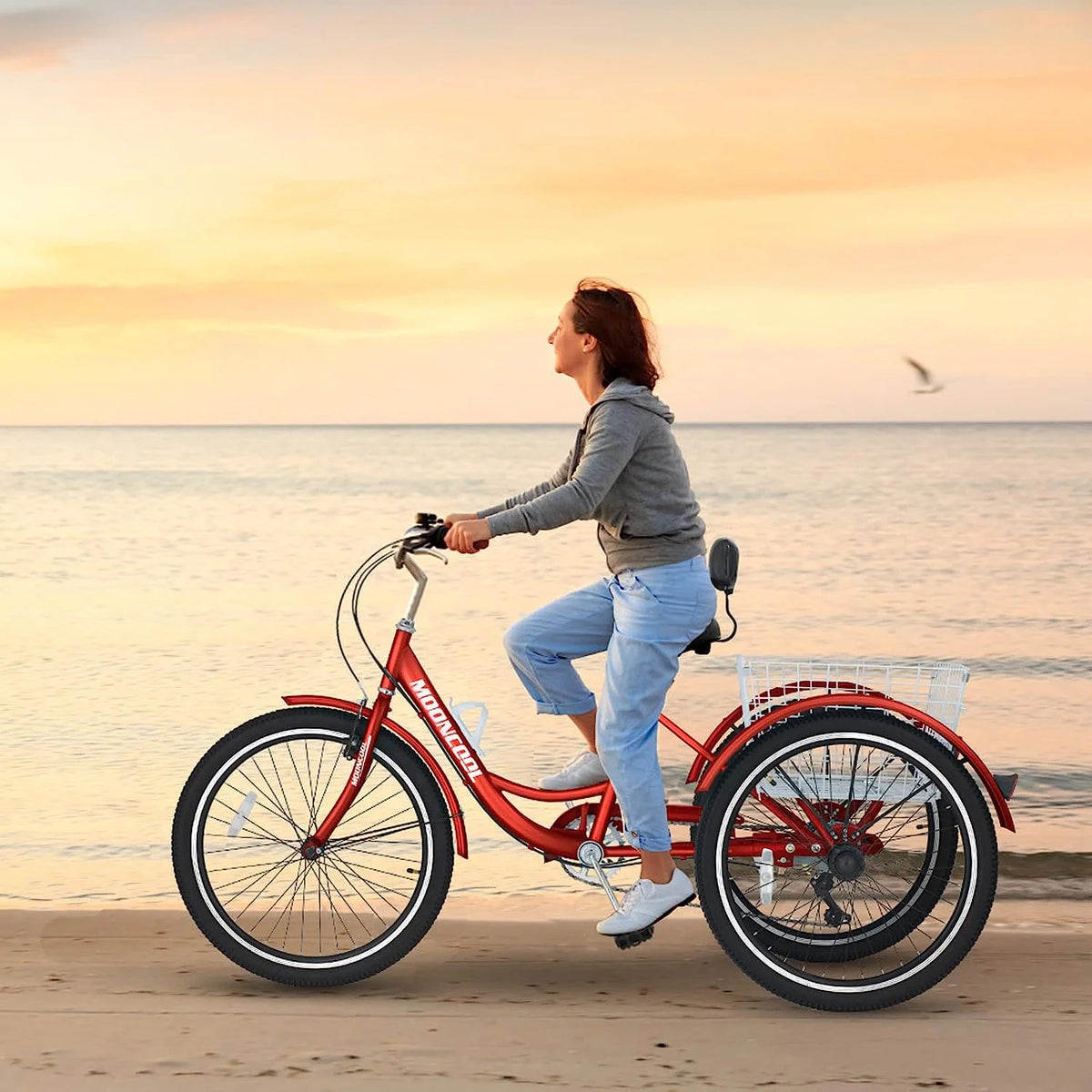 MOONCOOL Adult Tricycles with Rear Basket & Inflator, 24 26 in 7 Speed 3 Wheel Bikes, Three - Wheeled Bicycles Adult Trike with Backrest for Seniors, Women, Men