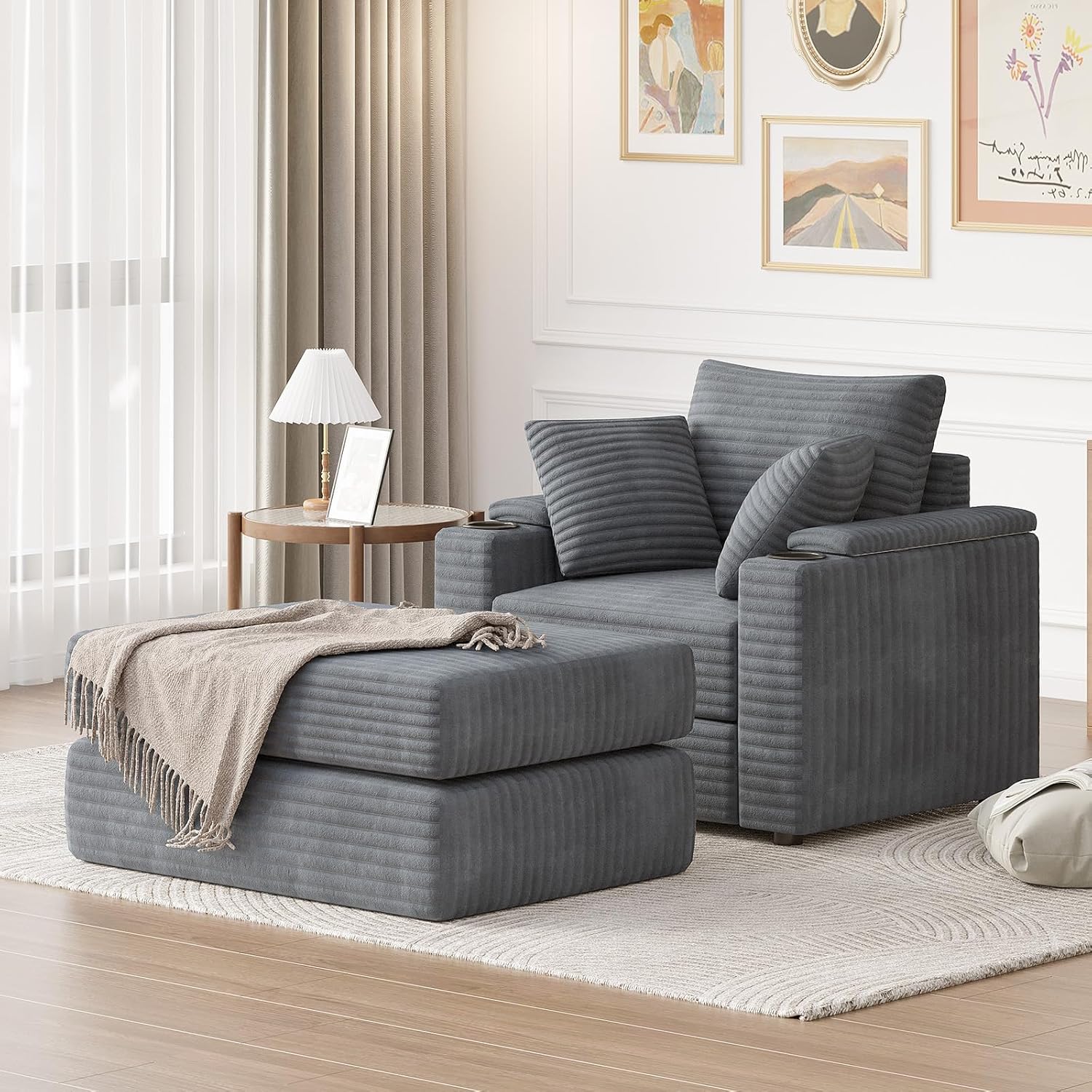 AECOJOY Chaise Lounge Chair Indoor, Oversized Sleeper Chair with Ottoman, Comfy Reading Sofa Armchair