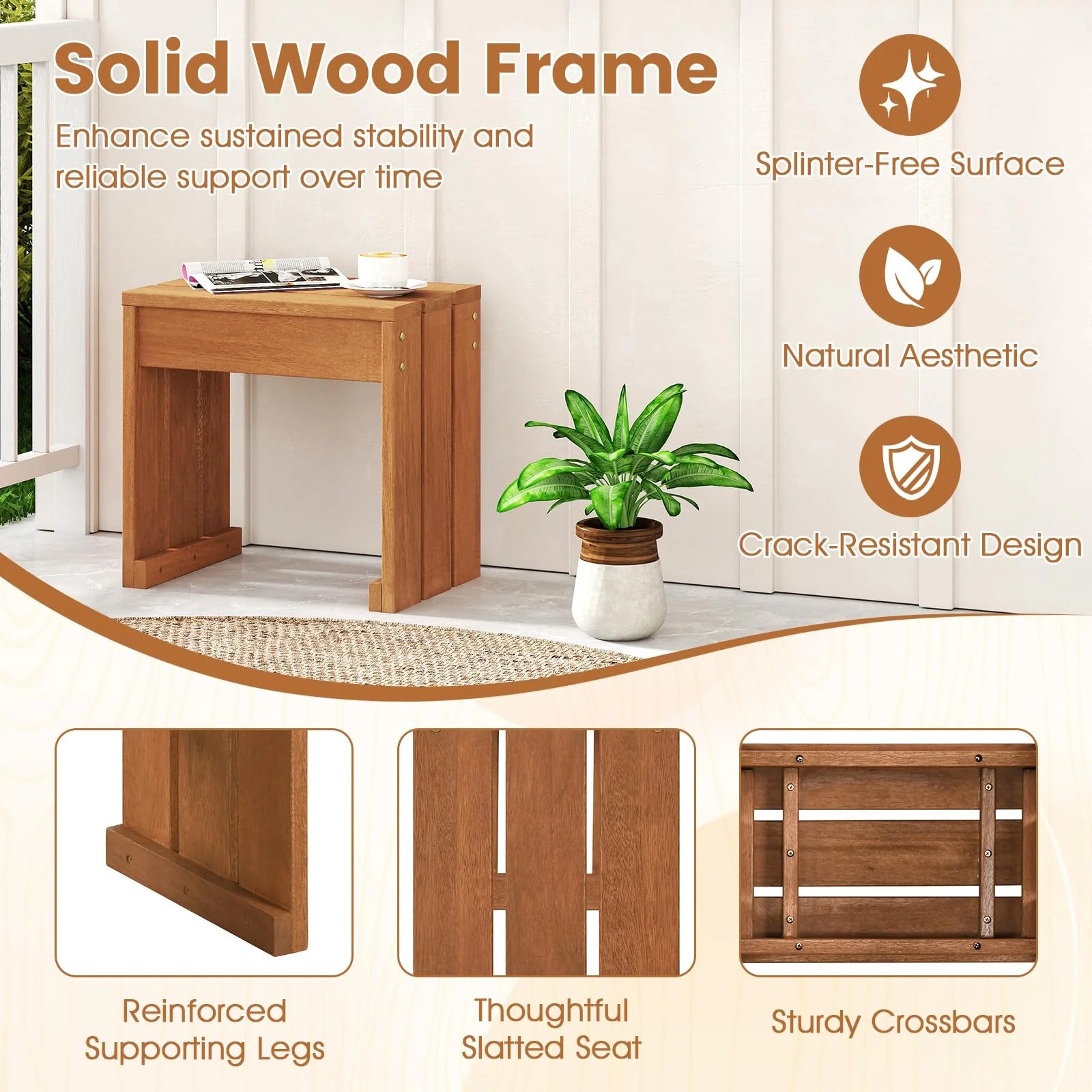 Tangkula Small Wood Outdoor Bench | Patio Backless Bench with Solid Wooden Frame