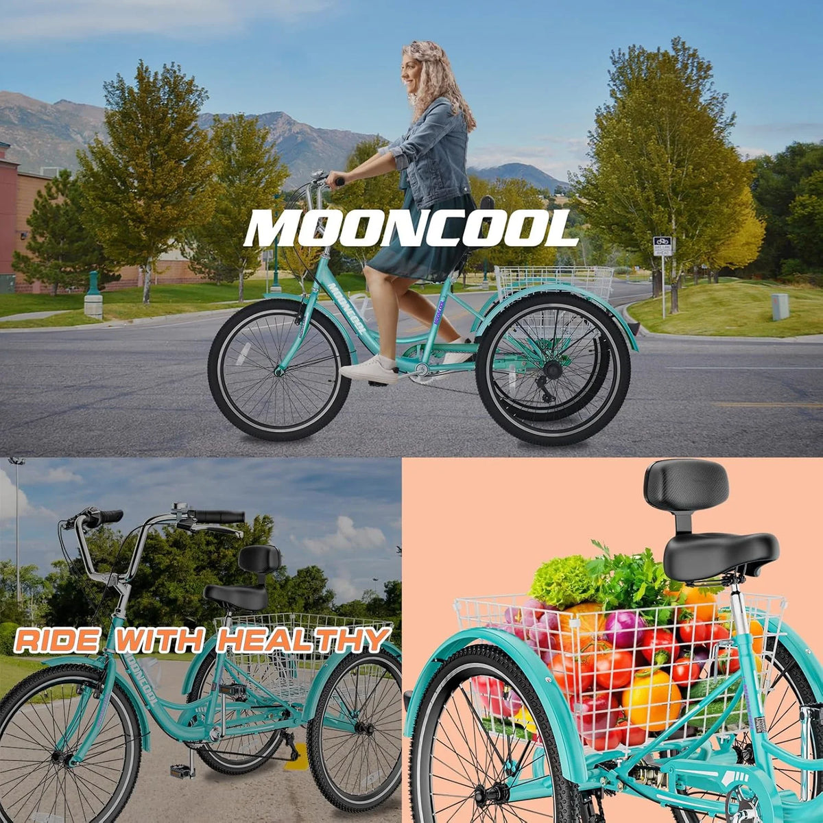 MOONCOOL Adult Tricycles with Rear Basket & Inflator, 24 26 in 7 Speed 3 Wheel Bikes, Three - Wheeled Bicycles Adult Trike with Backrest for Seniors, Women, Men