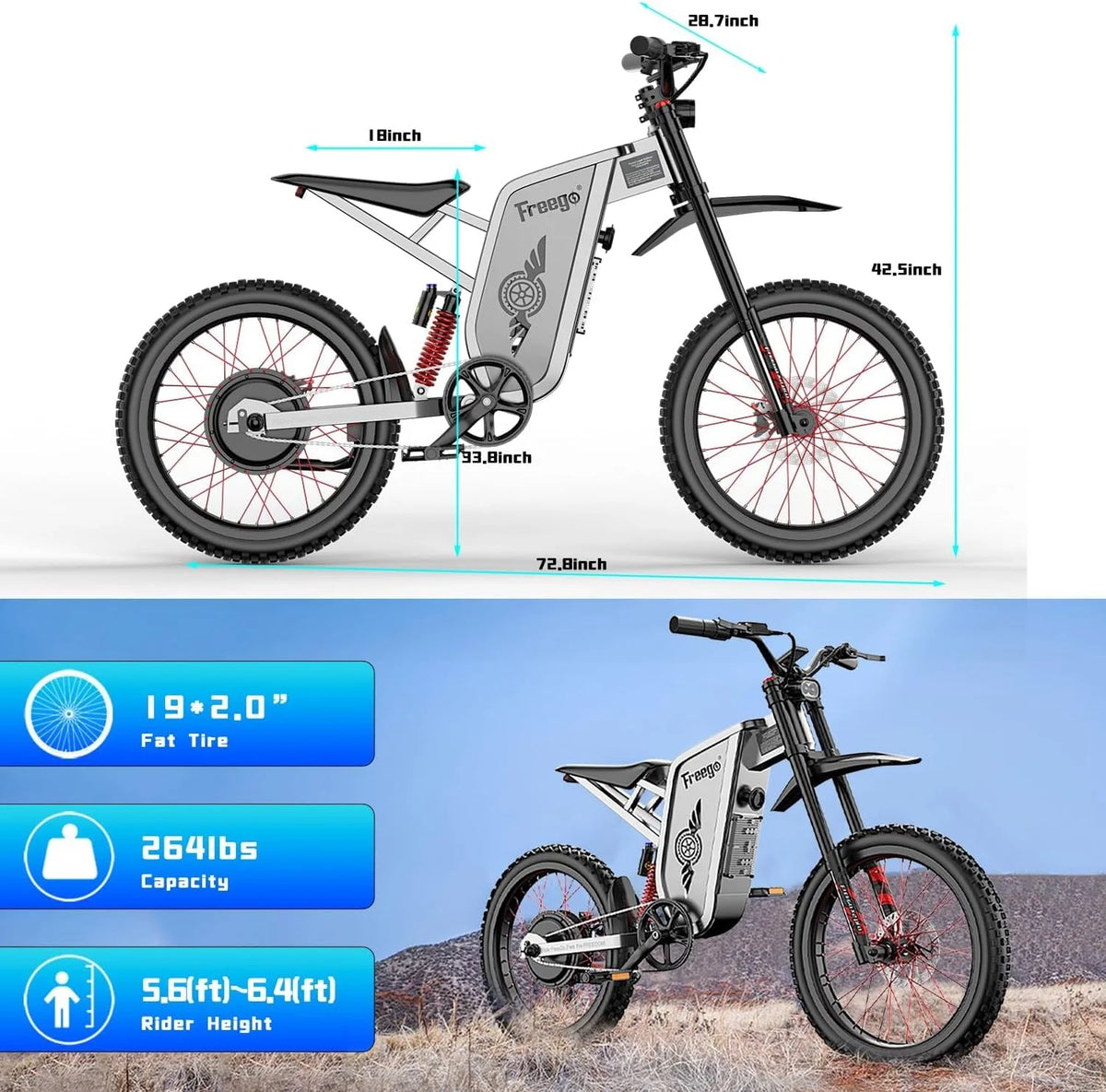 40MPH Electric Bicycle, Dual - Mode Electric Dirt Bike 3000W(Peak)Freego Nova3 Electric Motorcycle Bike - Product image 14