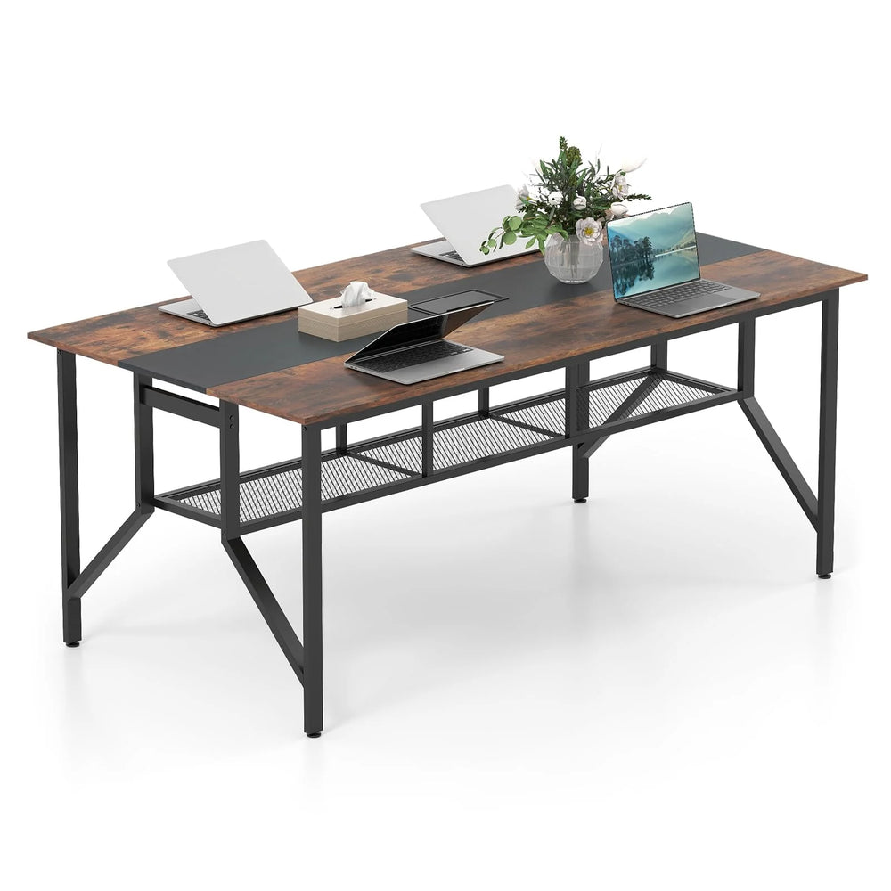 Tangkula Rectangular Meeting Table with Mesh Storage Shelf & Cable Grommet for 6-8 People