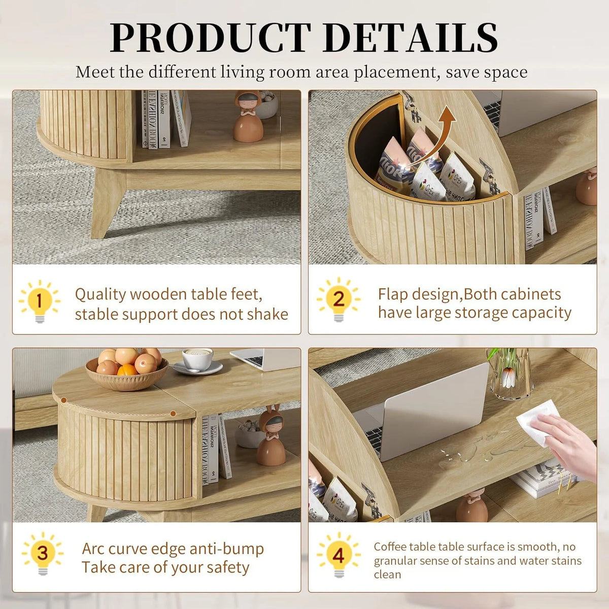 Fluted Coffee Table with Storage, Modern Coffee Tables, Wood Accent Center Table - Product image 8